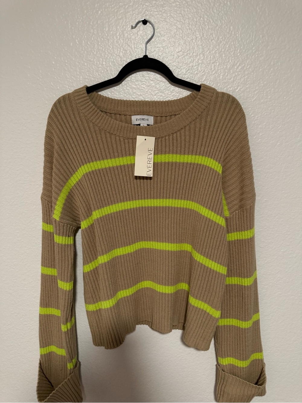 Evereve Taupe Sweater with Neon Lime Stripes